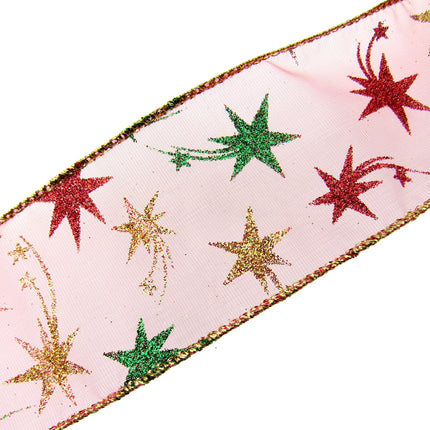 Red Wired Lurex Edge Sheer Christmas Ribbon with Shooting Stars -2m - 46057