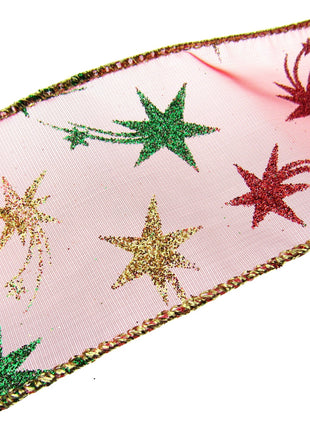 Red Wired Lurex Edge Sheer Christmas Ribbon with Shooting Stars -2m - 46057