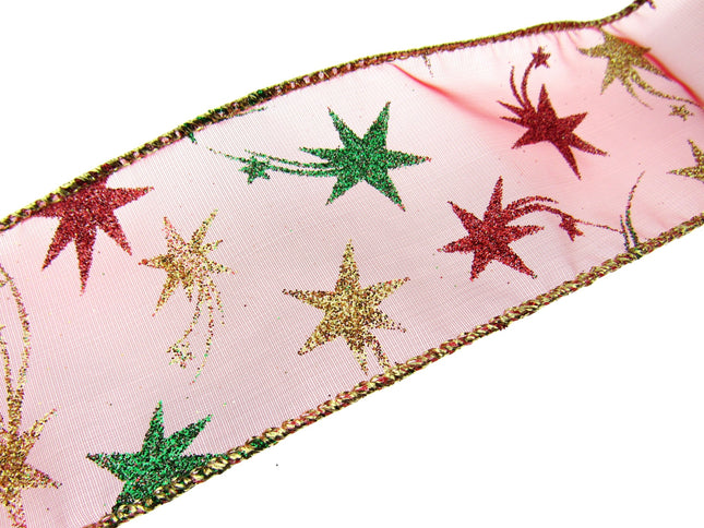 Red Wired Lurex Edge Sheer Christmas Ribbon with Shooting Stars -2m - 46057