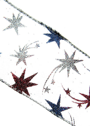 White Wired Lurex Edge Sheer Christmas Ribbon with Shooting Stars - 2m - 46057