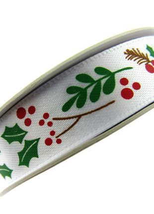 White Merry Christmas Ribbon x 3 Meters - (15mm) with Holly & Berries 55115