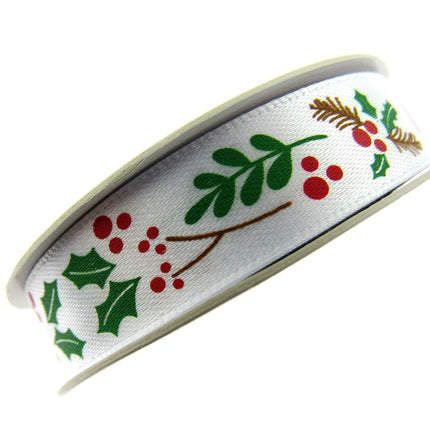 White Merry Christmas Ribbon x 3 Meters - (15mm) with Holly & Berries 55115