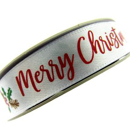 White Merry Christmas Ribbon x 3 Meters - (15mm) with Holly & Berries 55115