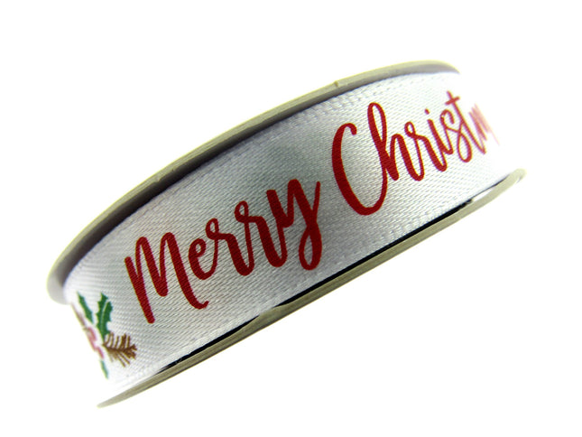 White Merry Christmas Ribbon x 3 Meters - (15mm) with Holly & Berries 55115