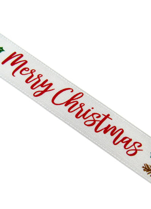 White Merry Christmas Ribbon x 3 Meters - (15mm) with Holly & Berries 55115
