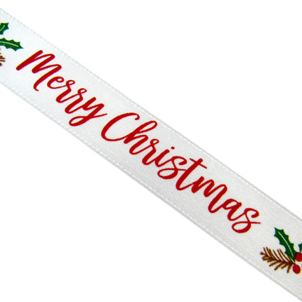 White Merry Christmas Ribbon x 3 Meters - (15mm) with Holly & Berries 55115