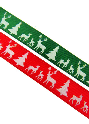 Reindeer Christmas Ribbon - 10mm - 10m Scandi Theme - Red or Green - 55111 - ThreadandTrimmings