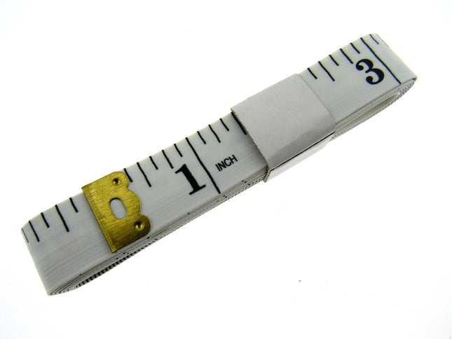 White measuring tape with black markings and gold measurement indicator on a white background