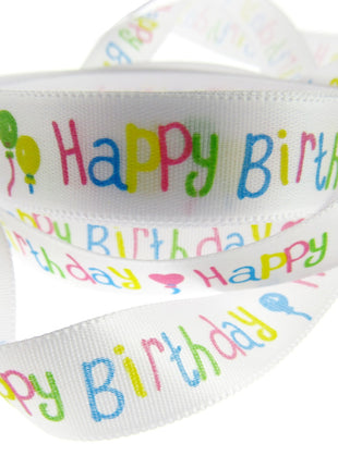 Happy Birthday Ribbon -White Single Sided Satin Ribbon with Woven Edge 15mm/25mm - ThreadandTrimmings