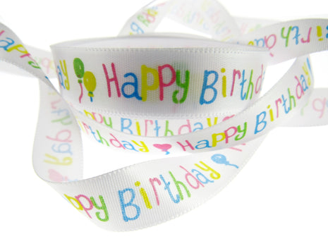 Happy Birthday Ribbon -White Single Sided Satin Ribbon with Woven Edge 15mm/25mm - ThreadandTrimmings