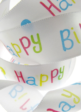 Happy Birthday Ribbon -White Single Sided Satin Ribbon with Woven Edge 15mm/25mm - ThreadandTrimmings