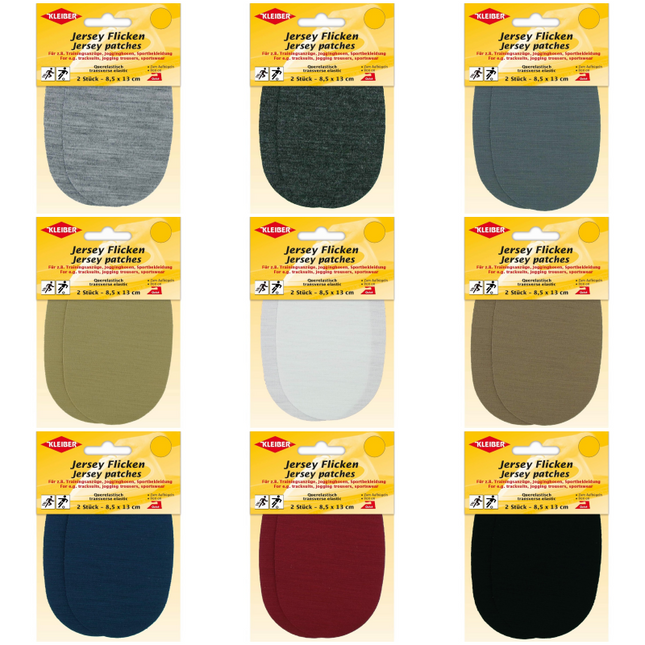 Packaging of jersey iron on patches in various colours on a white background