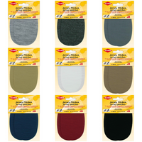 Packaging of jersey iron on patches in various colours on a white background