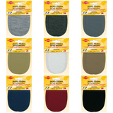 Packaging of jersey iron on patches in various colours on a white background