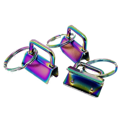 Two small iridescent metal keychain lock attachments with split rings, shown on a plain white background.
