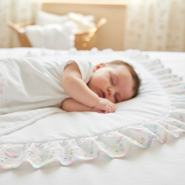 Lifestyle image 1 — baby on white quilt with frilled pastel broderie anglaise border