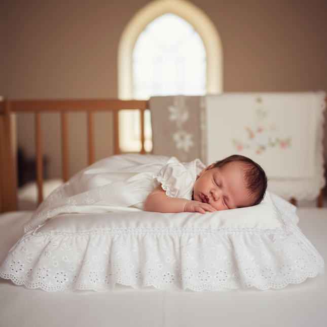 Lifestyle image 1 — baby on white satin christening cushion with frilled daisy eyelet broderie anglaise border