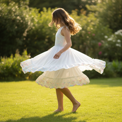 Lifestyle image 1 — girl spinning on grass with frilled pastel broderie anglaise petticoat hem