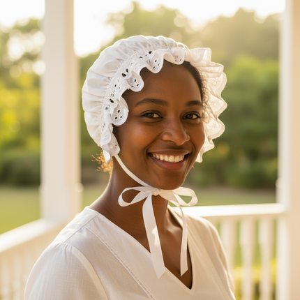 Lifestyle image 1 — West Indian woman wearing white bonnet with frilled broderie anglaise insertion lace and satin ribbon