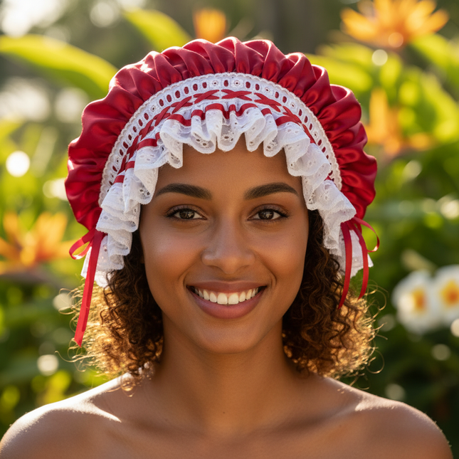 Lifestyle image 1 — woman in red satin Jamaican style bonnet with white frilled insertion lace and red ribbon woven through eyelets