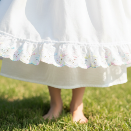 Lifestyle image 2 — close-up of frilled pastel broderie anglaise petticoat hem on grass