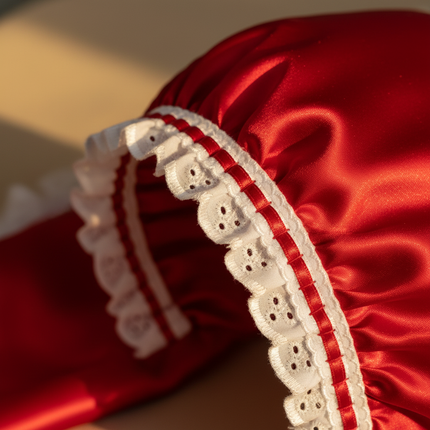 Lifestyle image 2 — close-up of red satin ribbon woven through white frilled broderie anglaise insertion lace eyelets on red bonnet