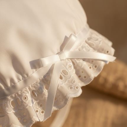 Lifestyle image 2 — close-up of white frilled broderie anglaise insertion lace with satin ribbon threaded through eyelets on bonnet