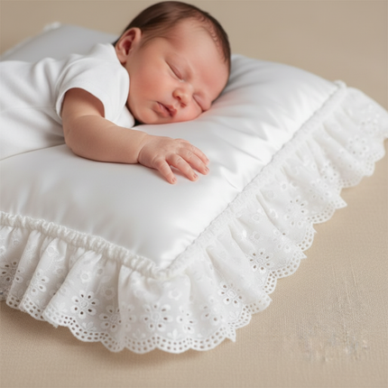 Lifestyle image 2 revised — baby on top of white satin christening cushion with frilled daisy eyelet broderie anglaise border