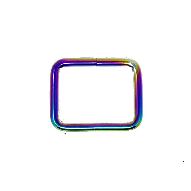 A square-shaped metal ring with rounded corners, featuring an iridescent rainbow finish that shifts between purple, blue, green, and gold, shown on a plain white background.