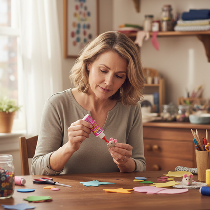 Middle-aged woman making a felt mouse using Beacon Felt Glue at a craft table — Thread and Trimmings
