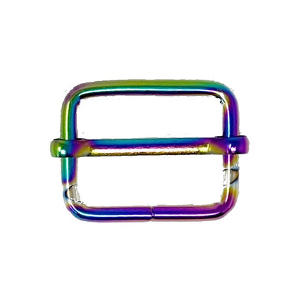A square metal buckle with a vibrant iridescent rainbow finish, isolated on a solid white background.