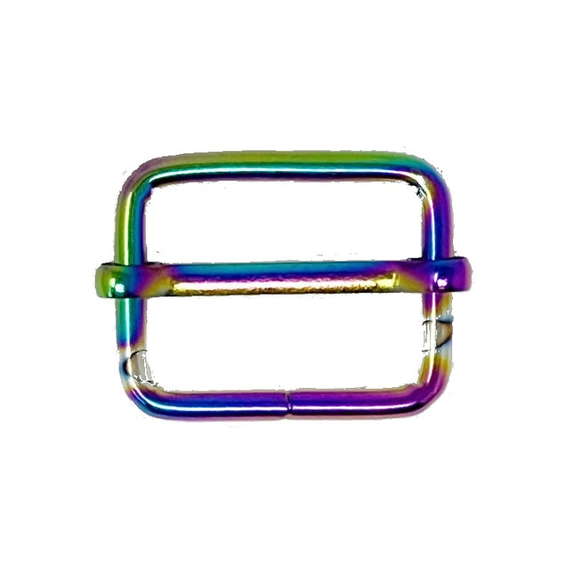 A square metal buckle with a vibrant iridescent rainbow finish, isolated on a solid white background.