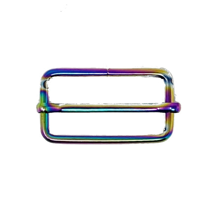 A rectangular metal buckle with an iridescent rainbow finish, isolated on a white background.