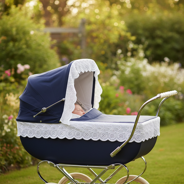 Navy pram with white broderie anglaise trim — full scene