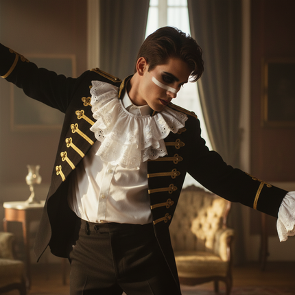 New Romantic male in 1980s mock military outfit with white frilled broderie anglaise collar and cuffs dancing — Thread and Trimmings