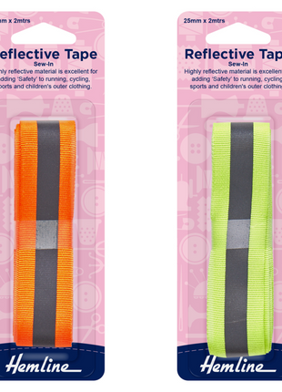 Two packages of Hemline reflective tape with orange and yellow tapes on white backgrounds.