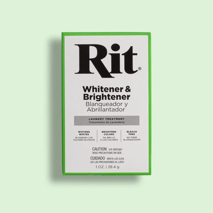 Rit Whitener & Brightener packaging on a light green background