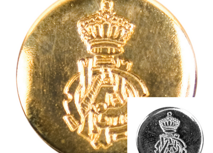 Two round metal blazer buttons with a rose and crown design, one in gold and one in silver color, displayed on a white background.