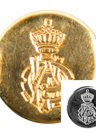Two round metal blazer buttons with a rose and crown design, one in gold and one in silver color, displayed on a white background.