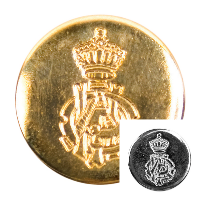 Two round metal blazer buttons with a rose and crown design, one in gold and one in silver color, displayed on a white background.