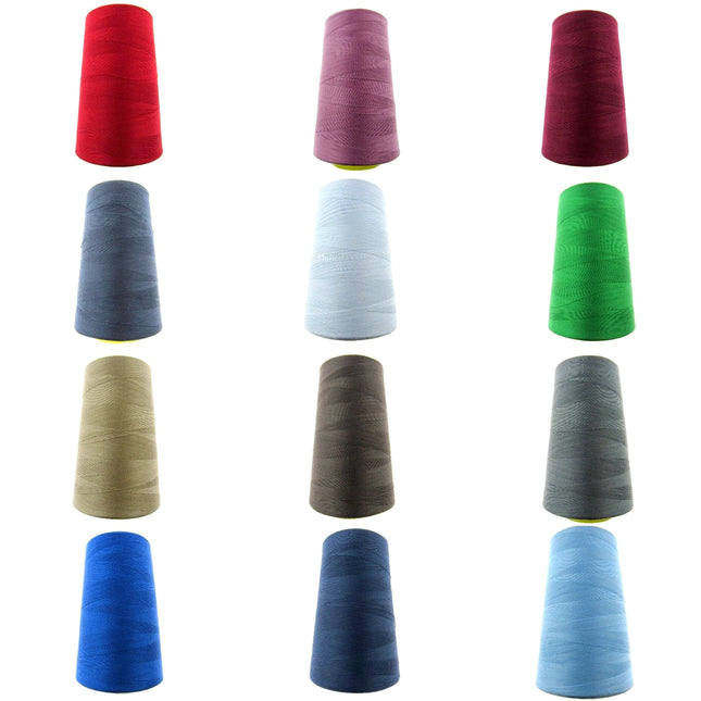 A collection of colorful polyester overlocking sewing thread cones, displayed in rows with colors including red, purple, blue, green, beige, gray, and white.
