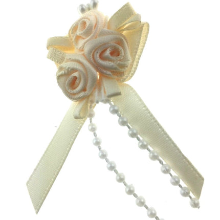 Ribbon Bows with Rose Cluster, String Beads, Stamens and Contrasting Leaves Mono
