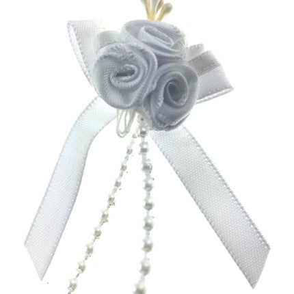 Ribbon Bows with Rose Cluster, String Beads, Stamens and Contrasting Leaves Mono