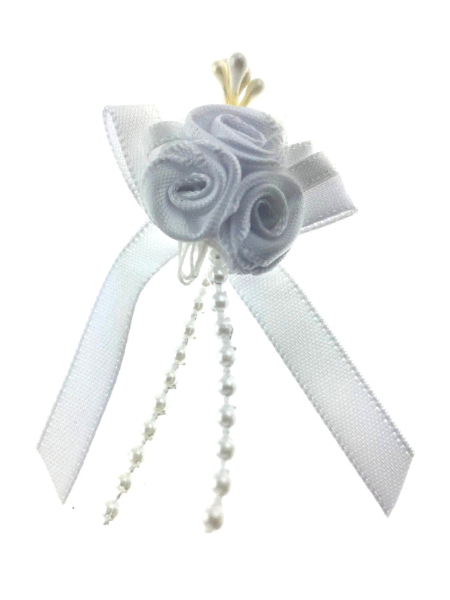 Ribbon Bows with Rose Cluster, String Beads, Stamens and Contrasting Leaves Mono