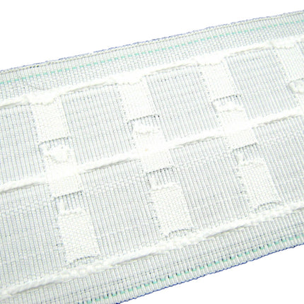 Close-up of a woven white premium curtain ape on a white background