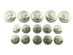 Set of silver buttons with anchor design on a white background