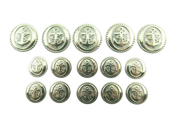 Set of silver buttons with anchor design on a white background