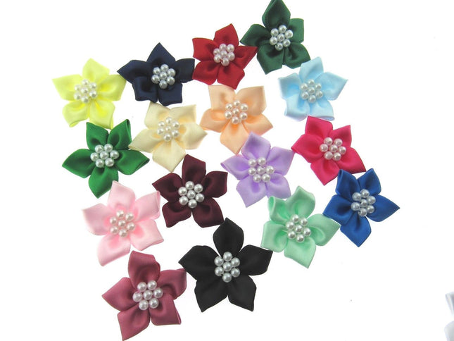 Poinsettia Satin Ribbon Bows Pearl Cluster Embellishments Craft 40mm Pack