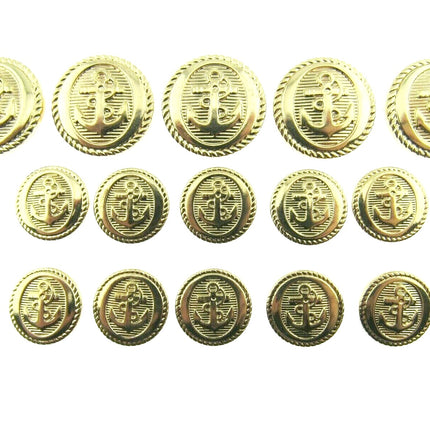 Set of gold buttons with anchor design on a white background