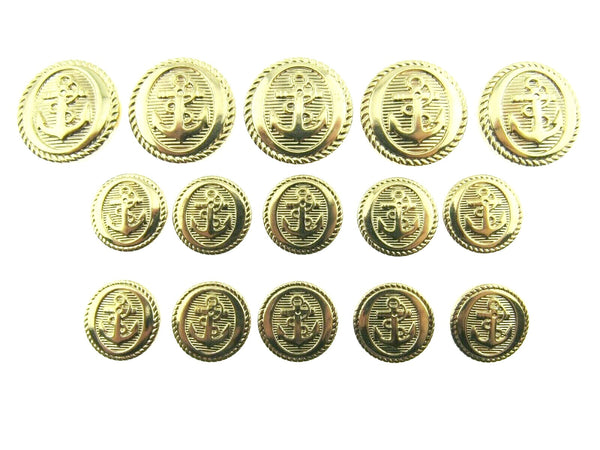 Set of gold buttons with anchor design on a white background